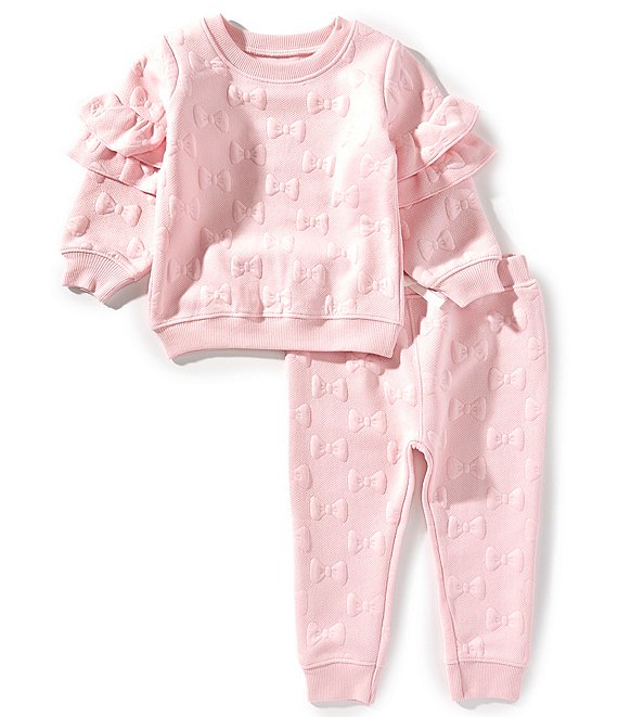 Mud Pie Baby Girls Long Double Ruffle Sleeve Quilted Bow Top & Matching Jogger 2-Piece Set