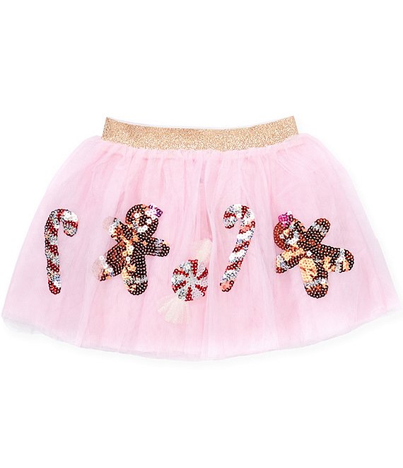 Mud Pie Little Girls Candy Cane/Gingerbread Men/Peppermint Sequined Icons Layered Mesh Tutu Skirt
