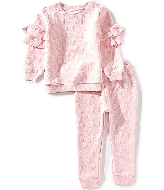Mud Pie Little Girls Long Double Ruffle Sleeve Quilted Bow Top & Matching Jogger 2-Piece Set