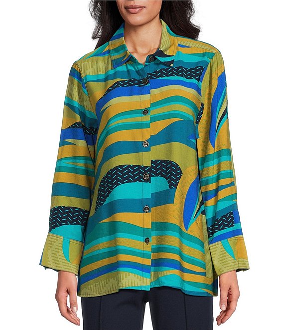Multiples Abstract Point Collar 3/4 Turn-Up Cuff Sleeve Button Front Shirt, Multi - Image 1