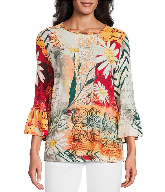 Multiples Petite Size Embellished Placed Multi Print Boat Neck 3/4 Flounce Sleeve Knit Top, Multi - Image 1