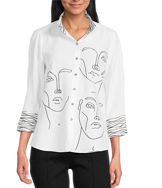 Multiples Petite Size Placement Print Wire Collar 3/4 Sleeve Button Front Shirt, White - Image 1