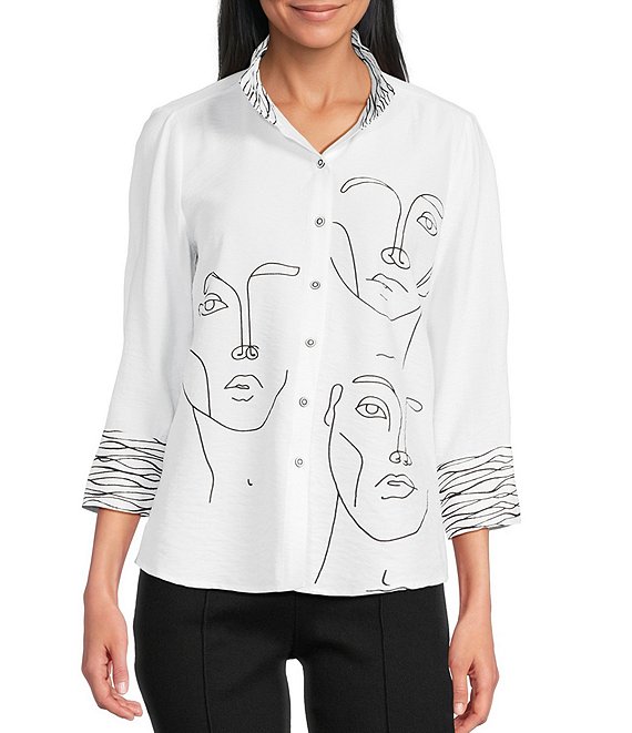 Multiples Petite Size Placement Print Wire Collar 3/4 Sleeve Button Front Shirt