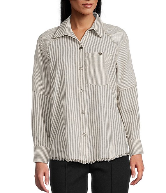 Multiples Petite Size Yarn Dye Woven Stripe Point Collar Long Sleeve Button-Front Flannel Shirt, Granite - Image 1