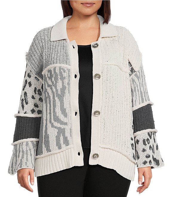 Multiples Plus Size Jacquard Knit Solid Mixed Animal Print Collared 3/4 Sleeve Button Front Cardigan, Multi - Image 1