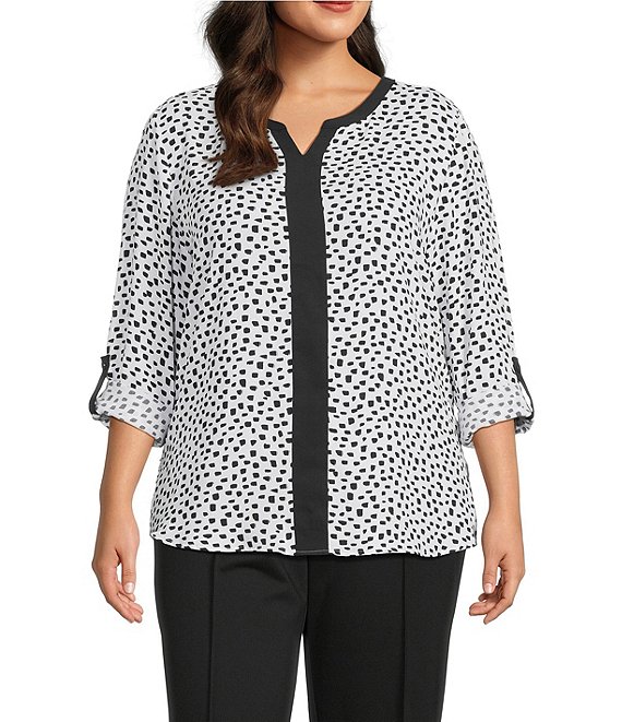 Multiples Plus Size Woven Dotted Split Round Band V-Neck Long Roll-Tab Sleeve Top, Black/White Print - Image 1