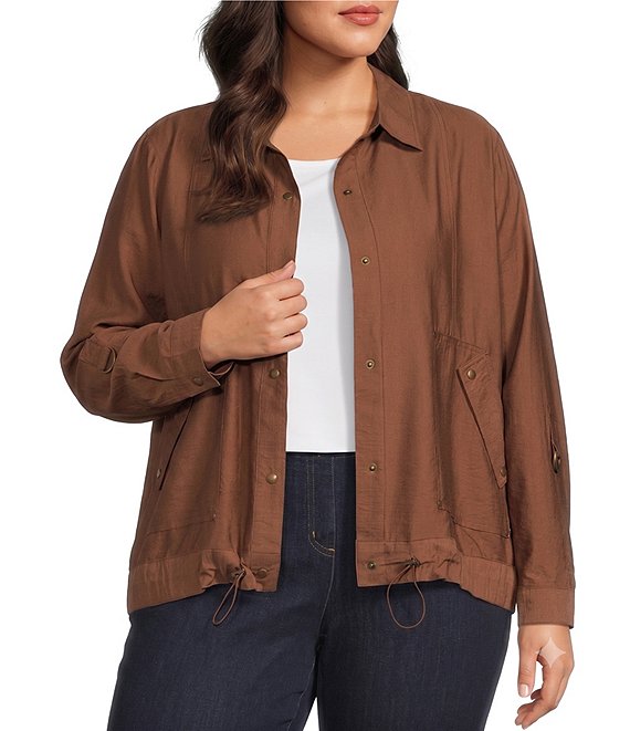 Multiples Plus Size Woven Point Collar Long Roll-Tab Sleeve Snap Front Jacket