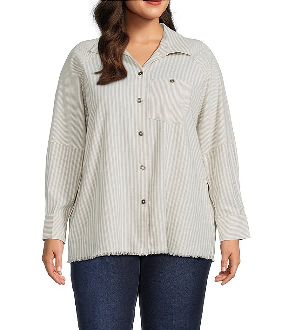Multiples Plus Yarn Dye Stripe Point Collar Long Sleeve Button Front Flannel Shirt, Frost Grey - Image 1