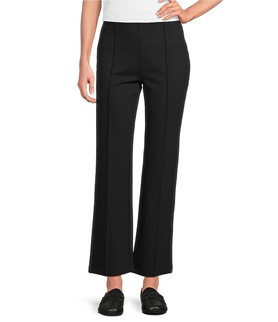 Multiples Solid 4-Way Stretch Ponte Elastic No-Waist Pintuck Pull-On Ankle Pants, Black - Image 1