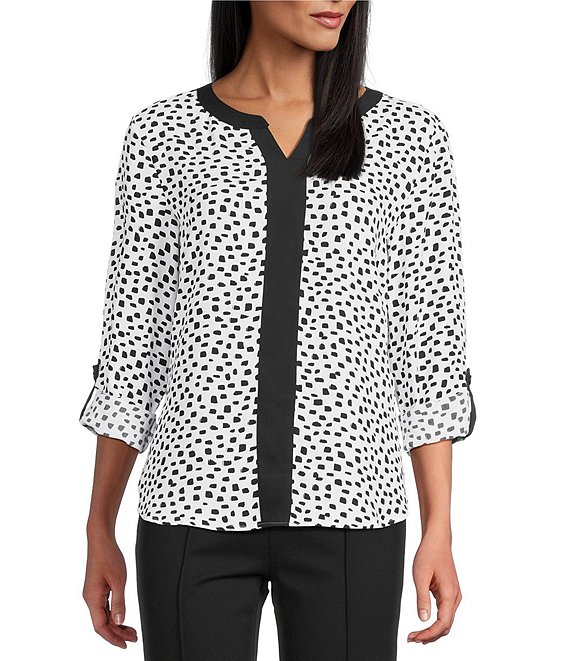 Multiples Woven Dotted Split Round Band V-Neck Long Roll-Tab Sleeve Top, Black/White Print - Image 1