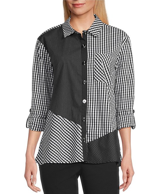 Multiples Woven Multi Plaid Check Print Point Collar 3/4 Roll-Tab Sleeve Button Front Shirt, Black/White Print - Image 1