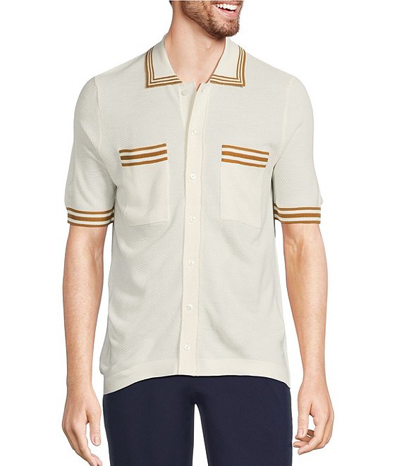 Murano Snit Short Sleeve Textured Coat Front Shirt, Cream - Image 1