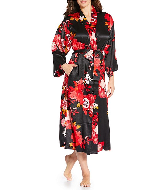 Natori N by Natori Empress Floral Print Long Sleeve Shawl Collar Satin Coordinating Robe, Black - Image 1