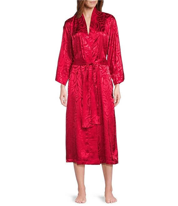Natori N by Natori Scroll Satin Long Sleeve Shawl Collar Coordinating Robe, Brocade Red - Image 1