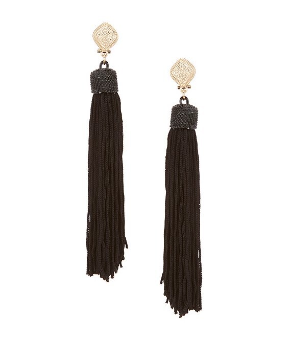Color:Gold/Black - Image 1 - Long Tassel Linear Drop Statement Earrings