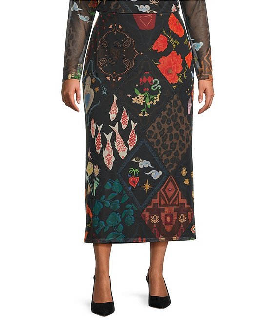 Never Fully Dressed Plus Size Coordinating Night Garden Elastic Waist Sheer Mesh Pencil Skirt, Black - Image 1