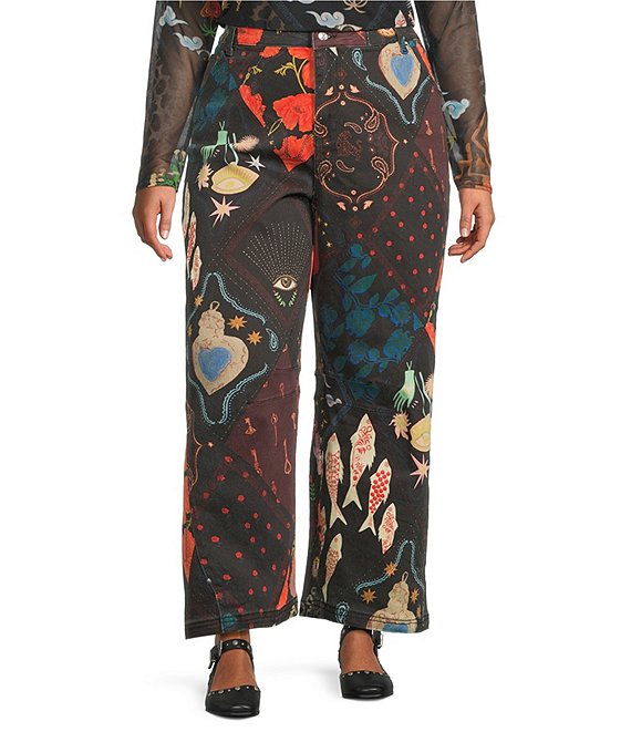 Never Fully Dressed Plus Size Printed Structure Barrel Denim Jeans, Black - Image 1