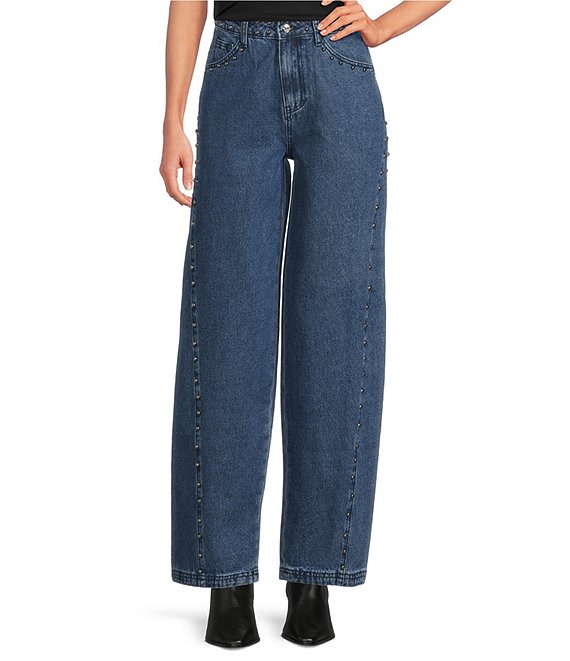 Never Fully Dressed Studded Structure Barrel Denim Jeans, Blue - Image 1