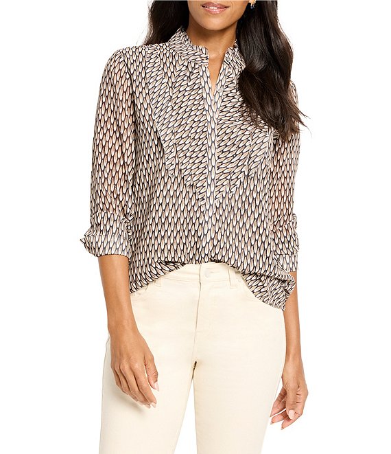 NIC + ZOE Abstract Dot Falling Chiffon Ruffle Split Collar V-Neck Long Sleeve Top, Neutral Multi - Image 1