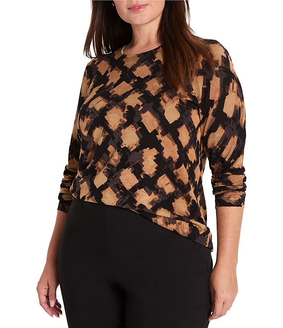 NIC + ZOE Plus Size Glowy Check Knit Round Neck Long Sleeve Top, Neutral Multi - Image 1
