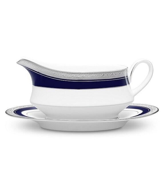Noritake Crestwood Cobalt Etched Platinum Porcelain Gravy Boat with Stand