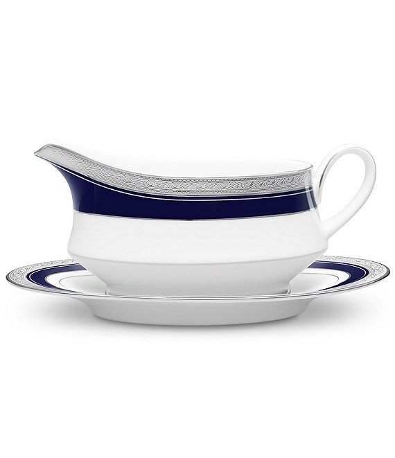 Noritake Crestwood Cobalt Etched Platinum Porcelain Gravy Boat with Stand