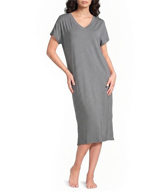 Nottibianche Solid Bamboo Jersey Knit Short Sleeve V-Neck Caftan