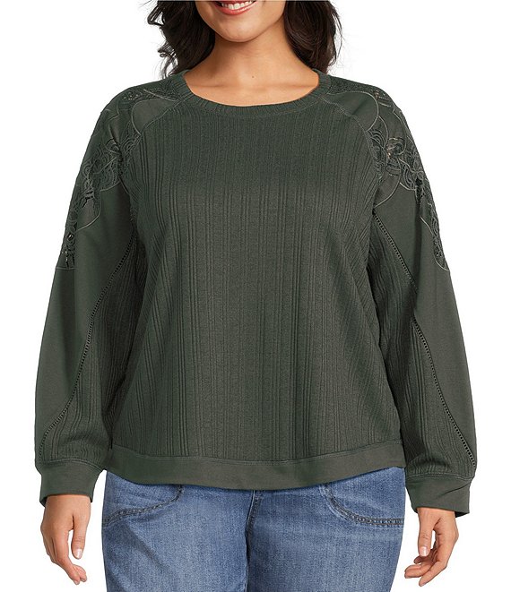 Nurture Plus Size Mixed Media Crew Neck Long Sleeve Top, Sage - Image 1