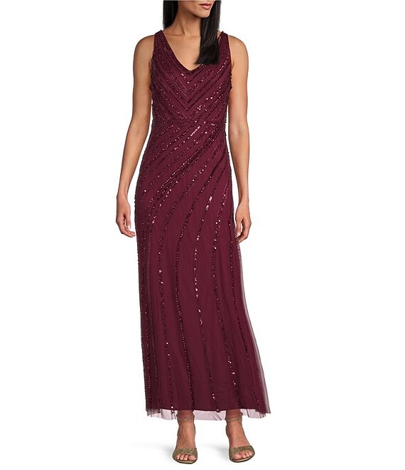 Oleg Cassini Beaded Mesh V-Neck Sleeveless Gown, Wine - Image 1