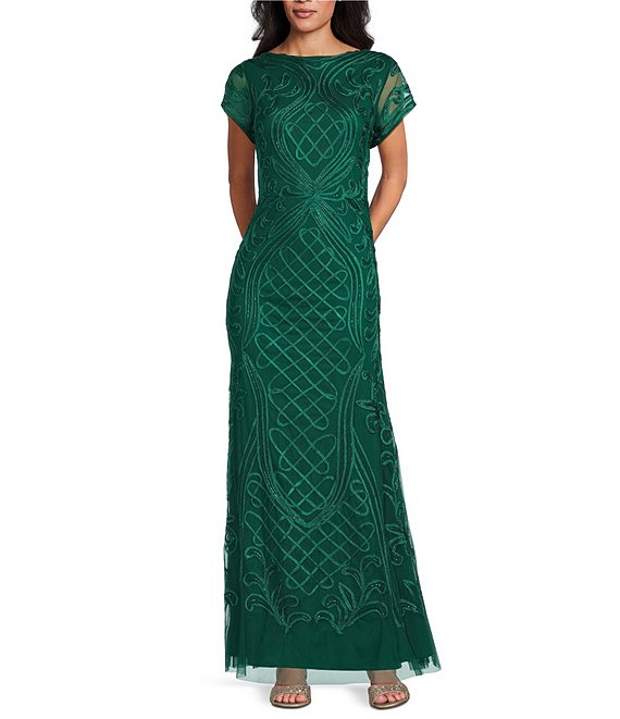 Oleg Cassini Soutache Mesh Crew Neck Cap Sleeve Gown, Hunter - Image 1