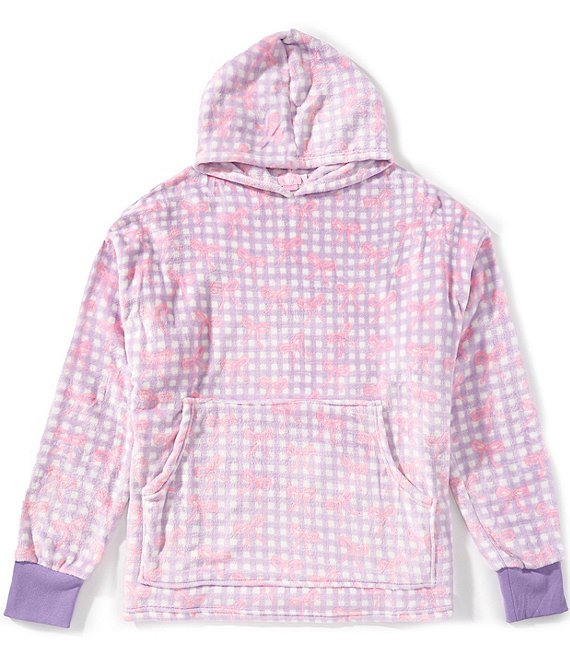 Omg! Accessories Big Girls Gingham Bow Printed Oversized Pullover Hoodie