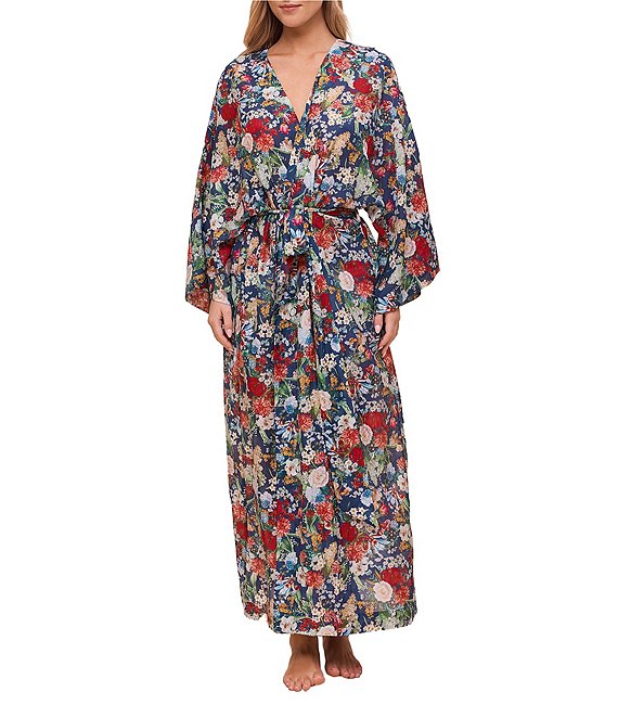 Papinelle Holly Woven Cotton Voile Long Sleeeve Floral Print Lightweight Maxi Robe, Navy - Image 1
