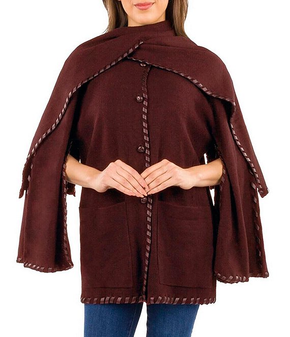 Patricia Nash Batwing Whipstitch Button Front Layered Cape