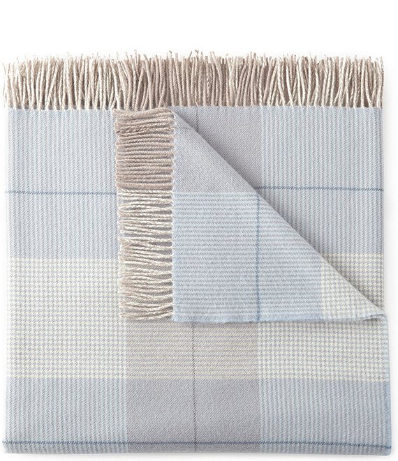 Peacock Alley York Merino Wool Plaid Fringe Throw Blanket, Blue - Image 1