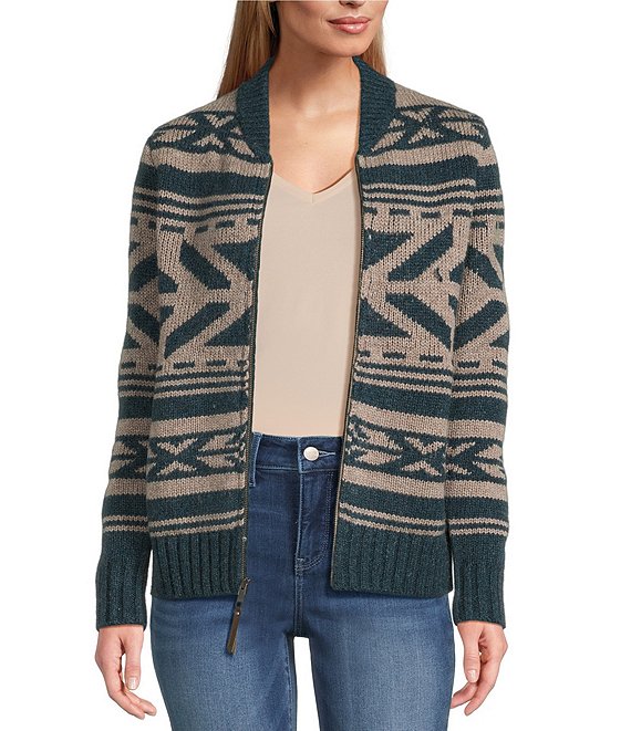 Pendleton Graphic Wool Zip Up Sweater, Teal Heather - Image 1