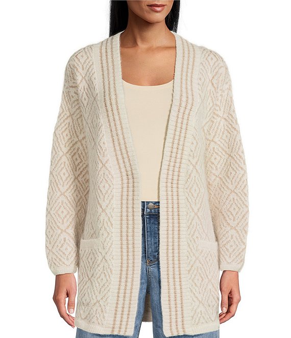 Pendleton Textured Alpaca Shawl Collar Long Sleeve Open Front Cardigan, Ivory/Tan - Image 1