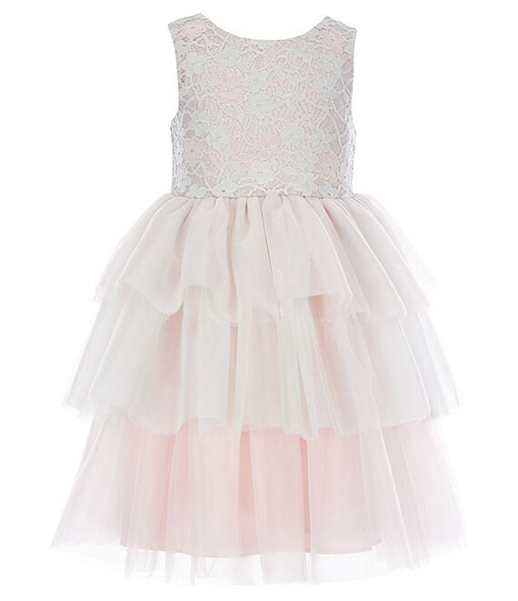 Color:Pink/White - Image 1 - Little Girls 2T-6X Lace/Tiered Mesh Fit-And-Flare Dress