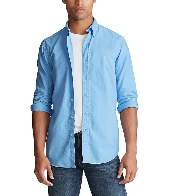 Color:Blue Lagoon - Image 1 - Solid Garment-Dye Oxford Long-Sleeve Woven Shirt