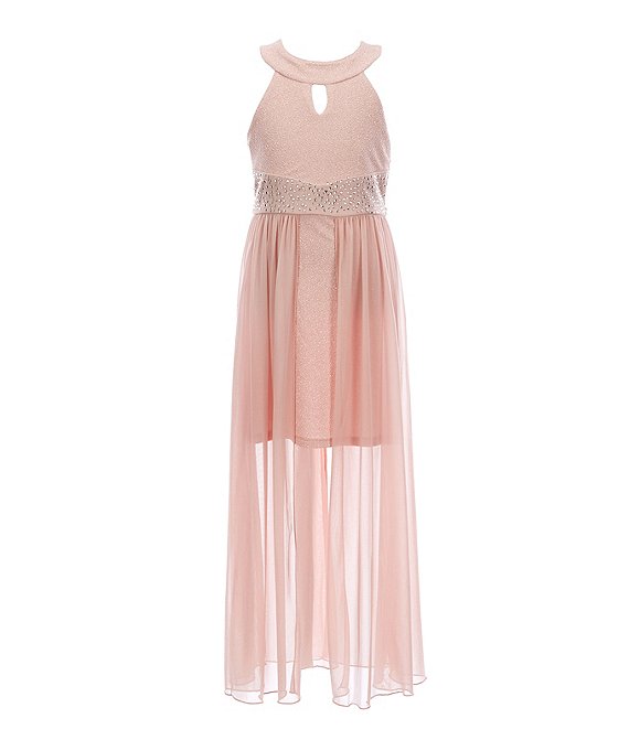Color:Blush/Mauve - Image 1 - Big Girl 7-16 Beaded-Waist Mesh Walkthrough Romper