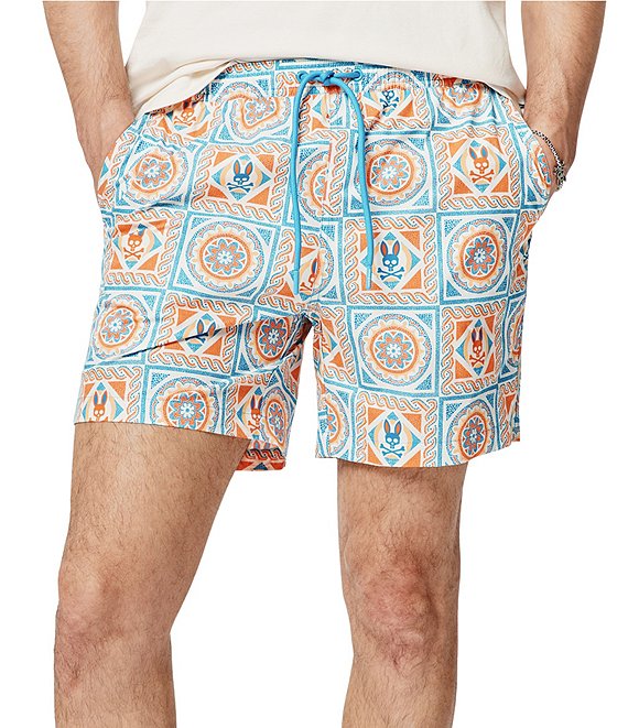 Psycho Bunny Frank Bunny Panel Patterned 5.75#double; Inseam Swim Trunks