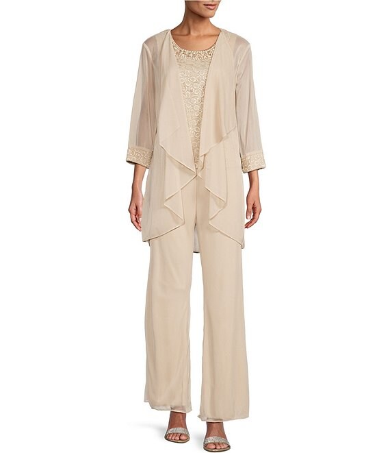 R & M Richards 3-Piece Glitter Lace Flyaway Pant Set