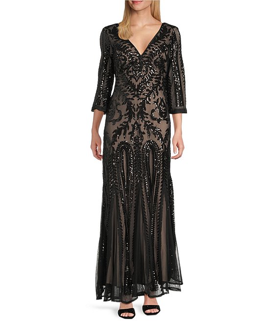 R & M Richards Embroidered Sequin Power Mesh V-Neck 3/4 Sleeve Godet Skirt Gown, Black/Nude - Image 1