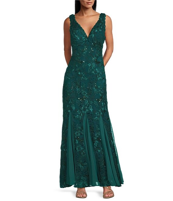 R & M Richards Embroidered Sequin Stretch Lace Sleeveless Scalloped Edge Sheath Gown, Evergreen - Image 1