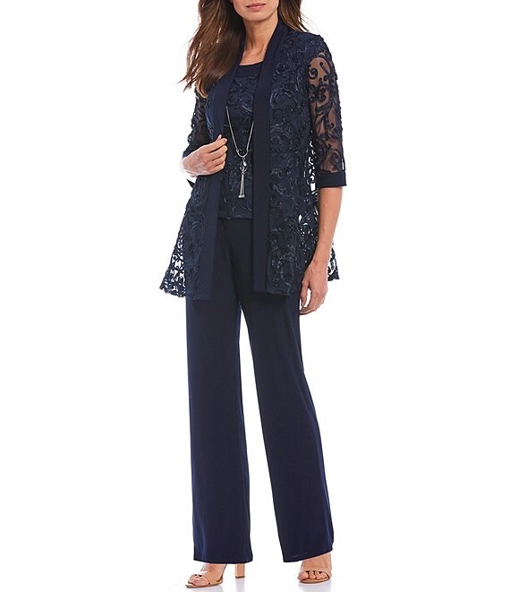 Color:Navy - Image 1 - Embroidered Soutache Mesh Lace 3-Piece Pant Set