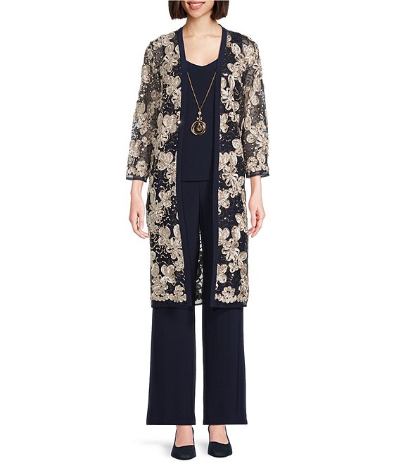 R & M Richards Embroidered Soutache Sequin Floral Mesh 3-Piece Pantsuit, Navy/Gold - Image 1