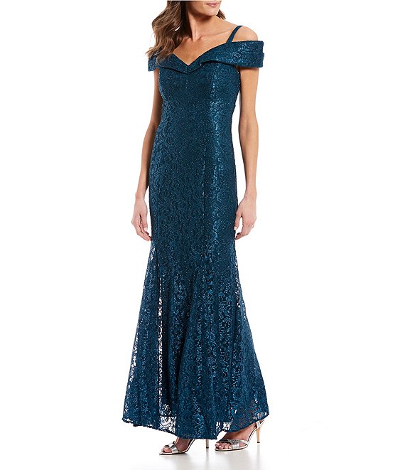R & M Richards Off-the-Shoulder Sweetheart Neck Lace Gown
