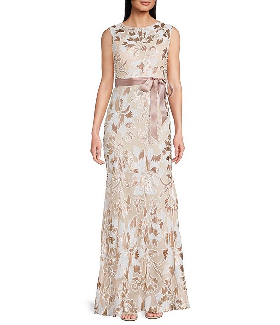 R & M Richards Petite Size 2 Tone Embroidered Sequin Power Mesh Sleeveless Satin Tie Sash Mermaid Gown, Nude/Multi - Image 1