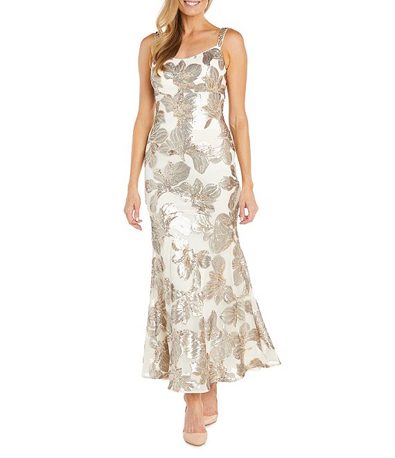 R & M Richards Petite Size Long Matte Floral Pattern Sequin Dress, Ivory/Champagne - Image 1