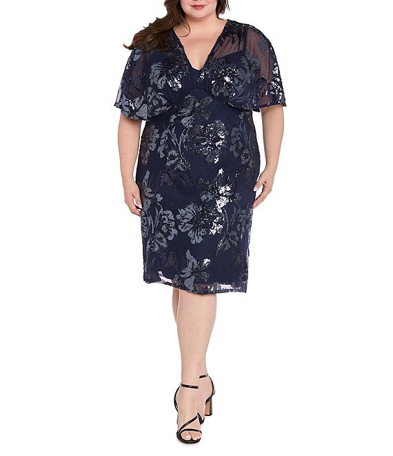 R & M Richards Plus Floral Sequin Power Mesh Beaded Sheer Capelet Sleeves Dress, Navy - Image 1