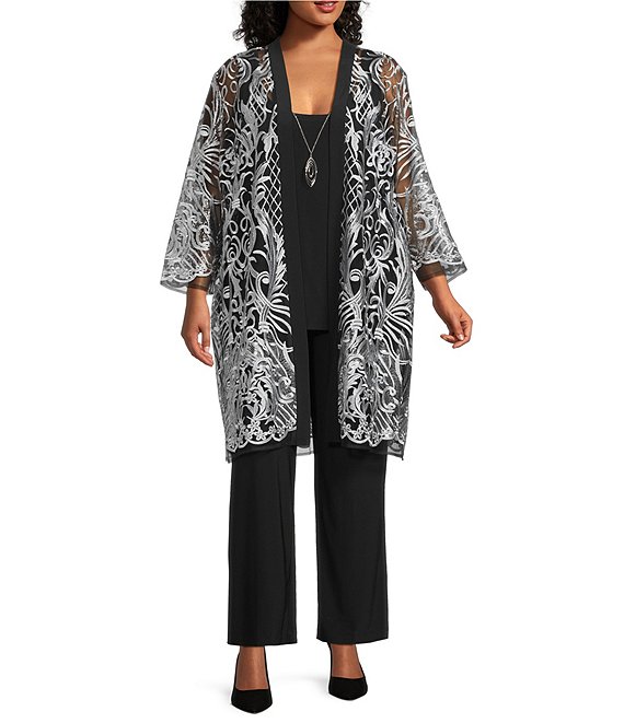 R & M Richards Plus Size 3/4 Sleeve Scoop Neck Embellished Sequin Jacket 3-Piece Pant Set, Silver/Black - Image 1